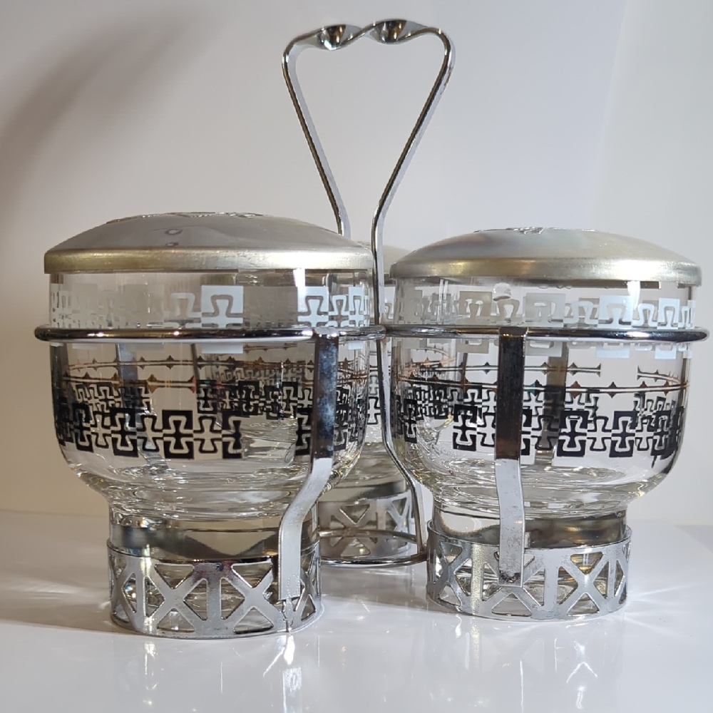 Vintage Libbey Condiment Caddy Metal Glass Geometric Pattern MCM